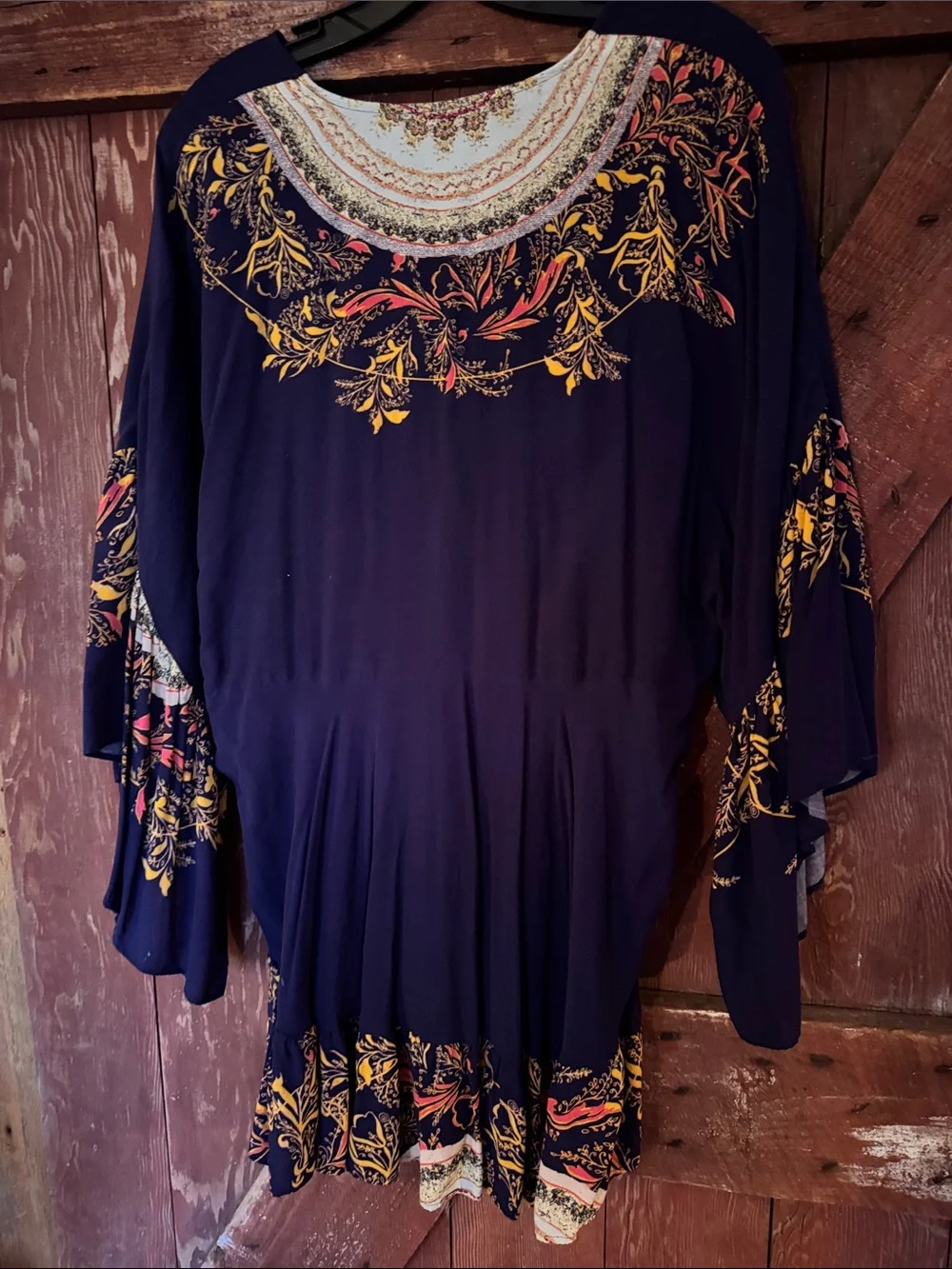 Free People navy print deep V neck gathered ruffle sleeve flowy boho top. Medium